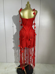Red strapless long bandage dress with tassel details for women’s party, birthday, and evening wear.