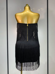 Kimberly sexy off-shoulder fringe bodycon dress with shimmering fringe details and elegant body-hugging fit.