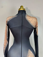 Nicole sparkly rhinestone bodycon performance bodysuit for women. Glamorous outfit for stage shows, birthdays, and nightlife.