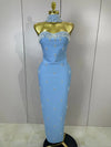 Carole strapless diamond bandage maxi dress with bead scarf. Elegant bodycon fit for prom, parties, birthdays, and luxury evening club wear.