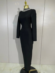 Maggie black rhinestone bandage maxi dress with long sleeves, a backless design, and a figure-hugging bodycon silhouette