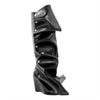 Onlymaker Women Pleated Pointed Toe Black Wedges Knee High Boots Fashion Buttons Boots