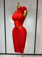 Keira one-shoulder ruffled two-piece bandage set with crop top and bodycon skirt for women.