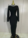 Maggie black rhinestone bandage maxi dress with long sleeves, a backless design, and a figure-hugging bodycon silhouette