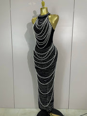 Candace elegant beaded diamond mesh sleeveless bodycon long dress for women’s evening or birthday celebrations.