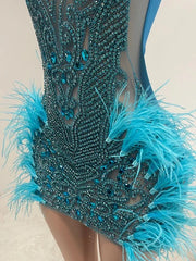 Peacock Blue Feather Diamond Mini Dress