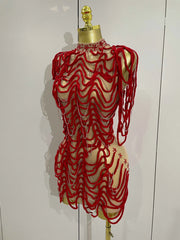 Sexy Fashion Short Dress Mesh Designer Rhinestones Chain Stage Costume 2025 Women Nightclub Celebrate Party Performance Outfit