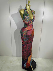 Sexy Colorful Rhinestone Print Long Dress Woman Halter Deep V Neck Backless 2026 Women Birthday Eveing Party Club Stage Costume