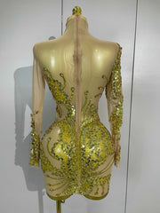 2026 New Sparkly Golden Diamonds Sequins Long Sleeves See-Through Mini Dress Women Birthday Eveing Party Gown Sexy Stage Costume