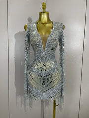 Candice sparkling diamond sequin tassel long sleeve sheer mesh mini dress for women party night out