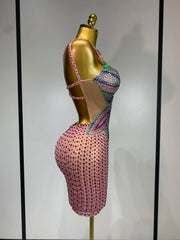 Miranda colorful crystal mesh bodycon mini dress. V-neck party dress for birthdays, vacations, nightlife, and stage performances.