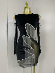 Angela sexy sparkly diamond chain velour patchwork mesh mini dress