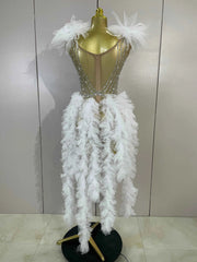 Chelle Sparkly Rhinestone Pearl Fringe Tassel Bodycon Bodysuit