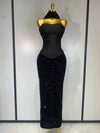 Mendi Sexy Strapless Sequin Black Maxi Long Bandage Three Piece Set