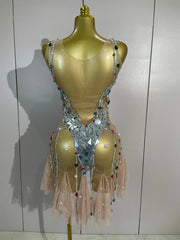 Alice colorful rhinestone mirror mesh mini dress with a sheer bodycon silhouette for a glamorous party look