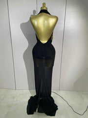 Elegance Sparkly Rhinestone Stretch Bodysuits Long Mesh Dress 2026 New Women Birthday Party Nightclub Bar Dj Sexy Stage Costume