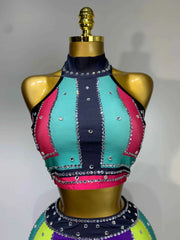 Pamela Sparkly Rhinestones Colorful Top and Pants Two-Piece Set