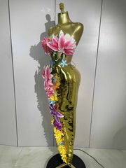 Women Elegant 3D Flower Golden Mesh Top Bodycon Long Dress Two-Piece Set Evening Party Luxury Birthday Club Bar Stage Costumes