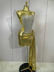 Luxury Sparkly Rhinestones Strapless Gold Mini Dress Women Evening Celebrate Birthday Party NightClub Performance Stage Outfit