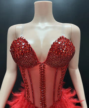 Red V Neck Crystal Corset Mesh Feathers Birthday Dress