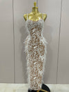 sparkly beaded feather pearl halter bodycon long dress, perfect for prom, red carpet, evening parties, and birthdays.