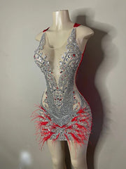 Red Sparkly See-Through Silver Diamond Mini Dress