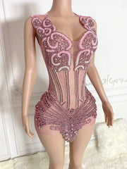 Sparkly Pink Rhinestones See Through Mini Birthday Dress