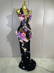 Lariza sexy halter mesh see-through long dress with sparkly diamond 3D flower detailing for evening gala styling