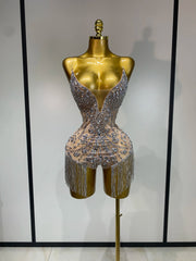 Envious Designs Sharmaine sparkly rhinestone tassel bodysuit sexy birthday dress for birthday and nightclub styling