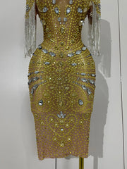 Kamryn luxury diamond tassel mesh see-through dress for women’s evening, birthday, or stage performances.