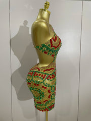 Luxury color rhinestone mesh mini dress with sparkling crystals for birthday, DJ, or club wear.