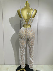 Shine in the Diane rhinestone lace halter top and wide-leg pants set. Elegant two-piece outfit for parties, birthdays, and special occasions.
