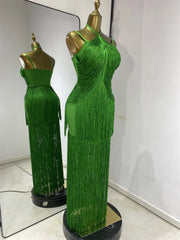 Keilahni green fringed sleeveless bandage bodycon dress for party and nightclub styling