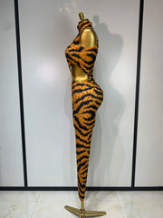 Sparkly rhinestone tiger pattern tight fitting jumpsuit for women, luxury party and stage outfit.