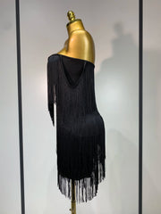 Kimberly sexy off-shoulder fringe bodycon dress with shimmering fringe details and elegant body-hugging fit.