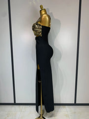 Jada sleeveless square-neck gold sequin bodycon dress with shimmering gold details.