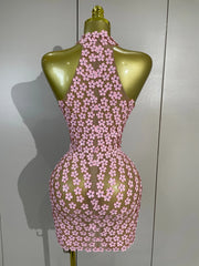 Bridgette pink floral sequin mesh mini dress featuring a sexy halter neckline and sheer party dress design