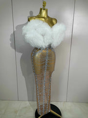 Luxury Sparkly Diamond Strapless Transparent Mesh Long Dress 2026 Women Birthday Eveing Party Gown Bar Singer Sexy Stage Costume