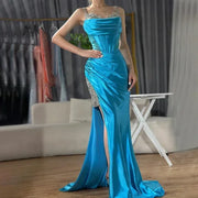 2025 Spaghetti Strap Satin Evening Dress with High Slit