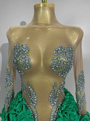 2026 New Sparkly Rhinestone Ruffled Long Sleeves See-Through Mini Dress Women Birthday Eveing Party Sexy Nightclub Stage Costume