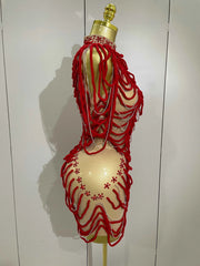 Sexy Fashion Short Dress Mesh Designer Rhinestones Chain Stage Costume 2025 Women Nightclub Celebrate Party Performance Outfit