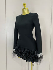 Nicole shiny diamond feather long-sleeve bodycon dress with sparkling crystals and elegant feather cuffs.