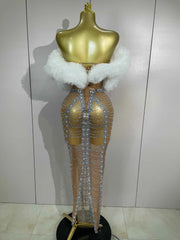 Luxury Sparkly Diamond Strapless Transparent Mesh Long Dress 2026 Women Birthday Eveing Party Gown Bar Singer Sexy Stage Costume