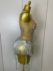 Desiree silver sequin diamond mesh tassel bodysuit sheer sexy outfit for stage performance and birthday party wear