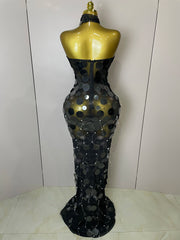 Alana sparkly pearl sequin backless floor-length evening dress with shimmering details.