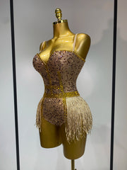 Frankie rhinestone fringe mesh bodysuit with bodycon fit. Luxury stage outfit for DJs, nightclub parties, performances, and glam events.