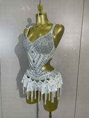 Madelle silver rhinestone tassel bodysuit dress for women. Sexy performance outfit for nightlife, stage wear, and parties.