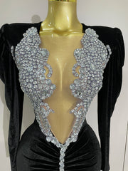 Taye black velvet short dress with sparkling crystals and mesh overlay for women’s evening, prom, or birthday parties.