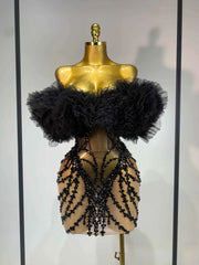 Women Sexy Strapless Backless Black Diamond Mini Dress Evening Party Birthday Costume Nightclub Singer Stage Performance Costume