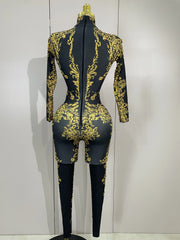 Minchie luxury sparkly diamonds print long sleeve stretch jumpsuit for women party night out